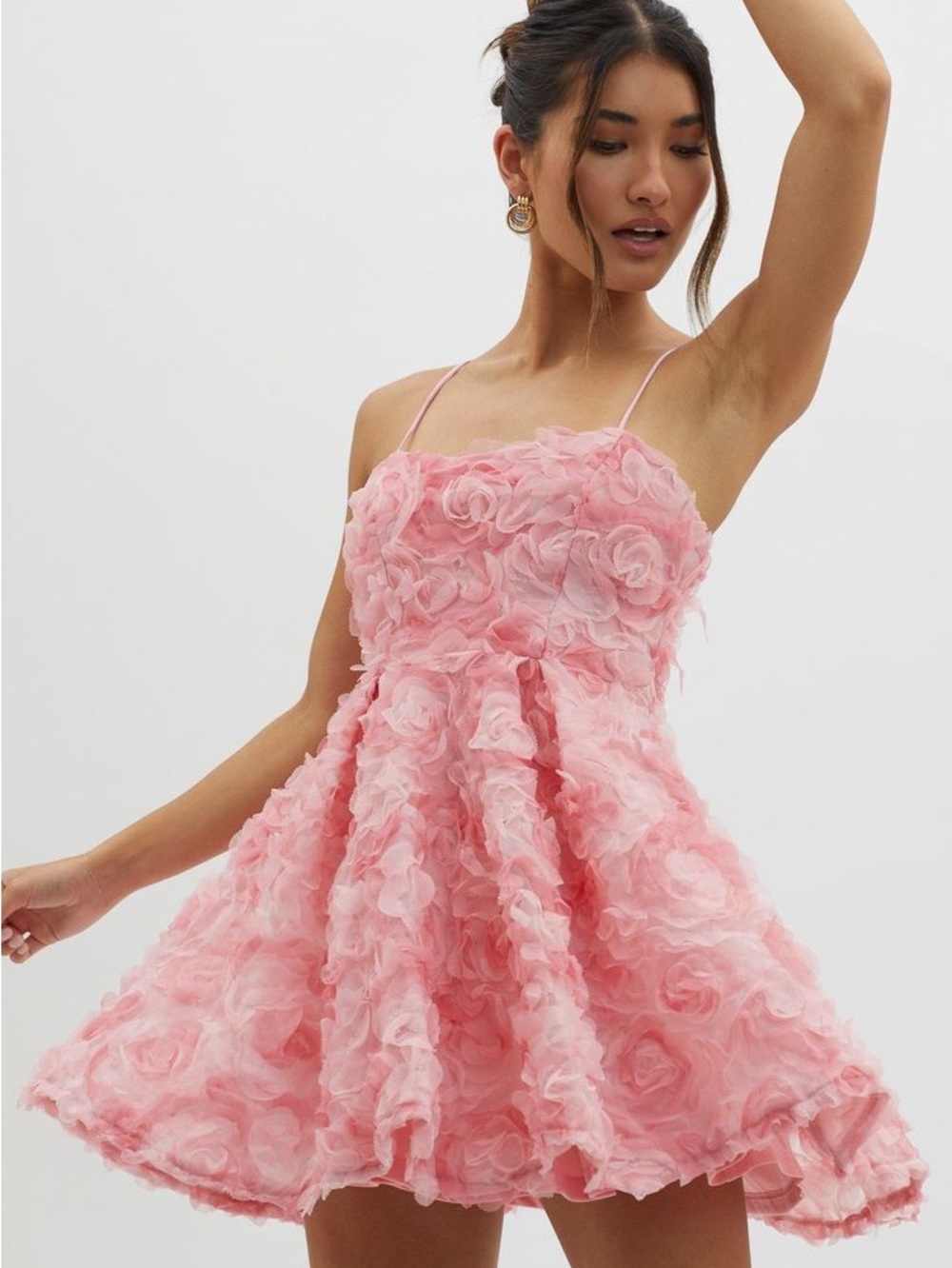 Selfie Leslie Light Pink Rosette Spaghetti-Strap Mini Dress